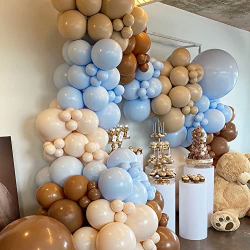 Blue Brown Balloon Garland Double Stuffed Blush Balloon Arch Kit Latex Tan Balloons For Teddy Bear Baby Shower Neutral Birthday Graduation Party Anniversary luau Boho Safari Decorations