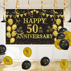 darunaxy 50th wedding anniversary decorations, large happy 50th anniversary banner backdrop 70 x 43 inches, black and gold party balloons, hanging swirls for indoor outdoor home wall party supplies