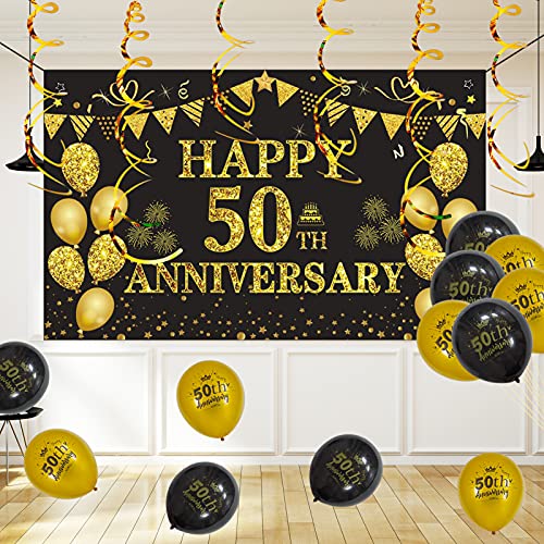 DARUNAXY 50th Wedding Anniversary Decorations, Large Happy 50th Anniversary Banner Backdrop 70 x 43 Inches, Black and Gold Party Balloons, Hanging Swirls for Indoor Outdoor Home Wall Party Supplies