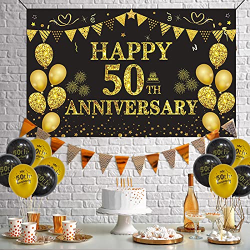 DARUNAXY 50th Wedding Anniversary Decorations, Large Happy 50th Anniversary Banner Backdrop 70 x 43 Inches, Black and Gold Party Balloons, Hanging Swirls for Indoor Outdoor Home Wall Party Supplies