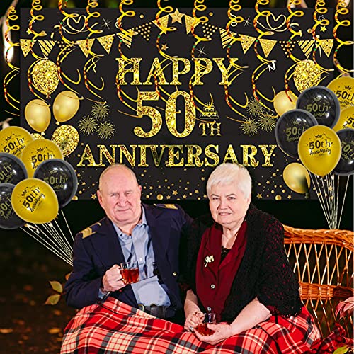 DARUNAXY 50th Wedding Anniversary Decorations, Large Happy 50th Anniversary Banner Backdrop 70 x 43 Inches, Black and Gold Party Balloons, Hanging Swirls for Indoor Outdoor Home Wall Party Supplies