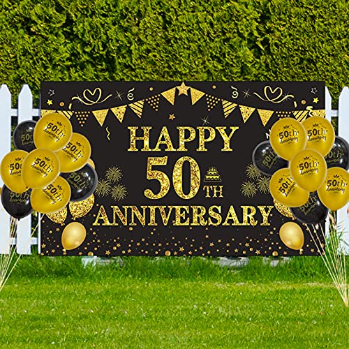 DARUNAXY 50th Wedding Anniversary Decorations, Large Happy 50th Anniversary Banner Backdrop 70 x 43 Inches, Black and Gold Party Balloons, Hanging Swirls for Indoor Outdoor Home Wall Party Supplies