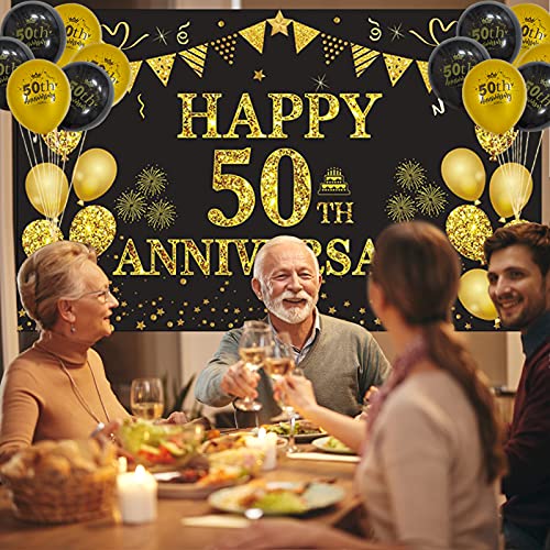 DARUNAXY 50th Wedding Anniversary Decorations, Large Happy 50th Anniversary Banner Backdrop 70 x 43 Inches, Black and Gold Party Balloons, Hanging Swirls for Indoor Outdoor Home Wall Party Supplies