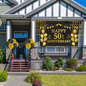 DARUNAXY 50th Wedding Anniversary Decorations, Large Happy 50th Anniversary Banner Backdrop 70 x 43 Inches, Black and Gold Party Balloons, Hanging Swirls for Indoor Outdoor Home Wall Party Supplies