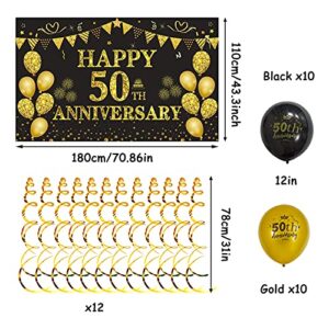 DARUNAXY 50th Wedding Anniversary Decorations, Large Happy 50th Anniversary Banner Backdrop 70 x 43 Inches, Black and Gold Party Balloons, Hanging Swirls for Indoor Outdoor Home Wall Party Supplies