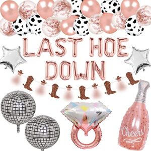 rose gold last hoedown western cowgirl bachelorette party kit with last hoedown banner, rose gold balloon garland arch, ring disco ball mylar balloon