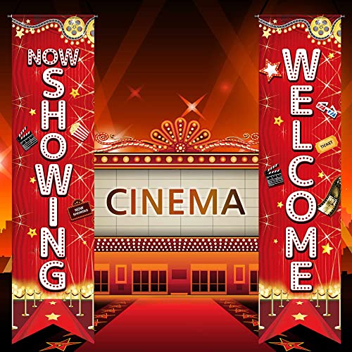 2Pcs Movie Night Party Decorations Porch Sign Banner Movie Theme Wall Decor Welcome Now Showing Movie Background Hanging Porch Sign for Home Film Backdrop Party Supplies