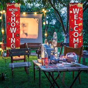 2Pcs Movie Night Party Decorations Porch Sign Banner Movie Theme Wall Decor Welcome Now Showing Movie Background Hanging Porch Sign for Home Film Backdrop Party Supplies