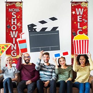 2Pcs Movie Night Party Decorations Porch Sign Banner Movie Theme Wall Decor Welcome Now Showing Movie Background Hanging Porch Sign for Home Film Backdrop Party Supplies