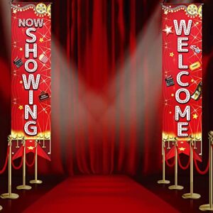 2Pcs Movie Night Party Decorations Porch Sign Banner Movie Theme Wall Decor Welcome Now Showing Movie Background Hanging Porch Sign for Home Film Backdrop Party Supplies