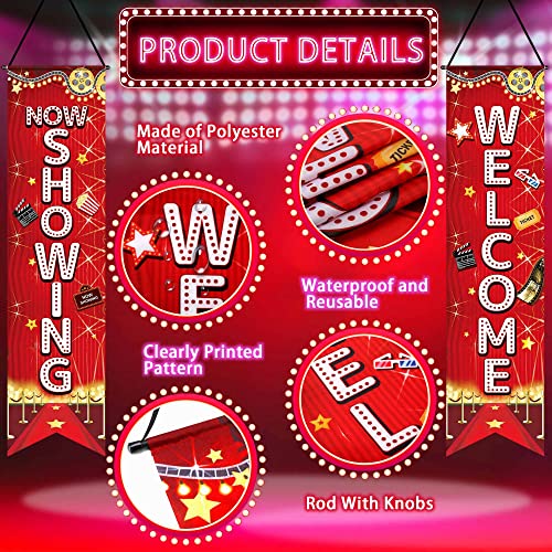 2Pcs Movie Night Party Decorations Porch Sign Banner Movie Theme Wall Decor Welcome Now Showing Movie Background Hanging Porch Sign for Home Film Backdrop Party Supplies