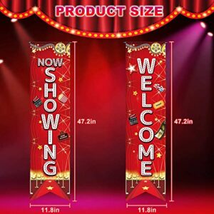 2Pcs Movie Night Party Decorations Porch Sign Banner Movie Theme Wall Decor Welcome Now Showing Movie Background Hanging Porch Sign for Home Film Backdrop Party Supplies