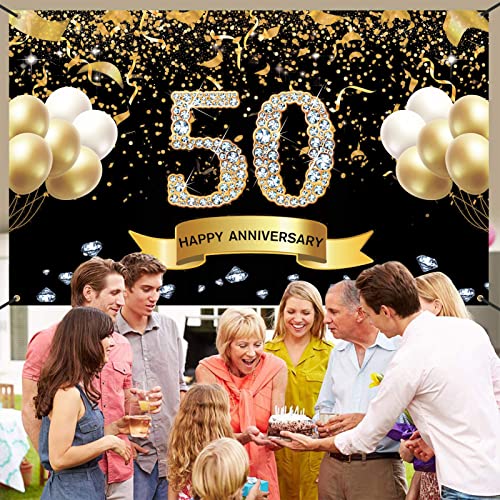 Trgowaul 50th Wedding Anniversary Decorations, Black Gold 50th Anniversary Banner Backdrop, Happy 50 Anniversary Party Supplies Decorations Party Banner Photography Background