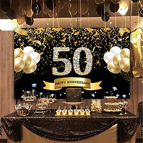 Trgowaul 50th Wedding Anniversary Decorations, Black Gold 50th Anniversary Banner Backdrop, Happy 50 Anniversary Party Supplies Decorations Party Banner Photography Background