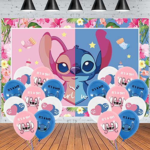 Stitch and Angel Gender Reveal Party Banner,Stitch and Angel Backdrop 7x5 Baby Shower Background Gender Reveal Stitch or Angel Themed Backdrops for Party Supplies Blue or Pink Stitch Background