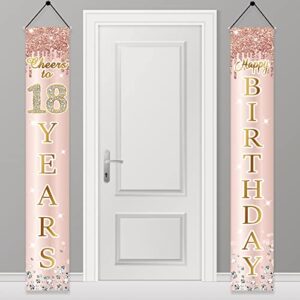 18th birthday door banner decorations for girls, pink rose gold happy eighteen birthday door porch backdrop party supplies, happy birthday cheers to 18 years sign decor