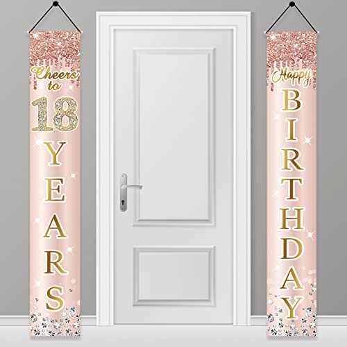 18th Birthday Door Banner Decorations for Girls, Pink Rose Gold Happy Eighteen Birthday Door Porch Backdrop Party Supplies, Happy Birthday Cheers To 18 Years Sign Decor