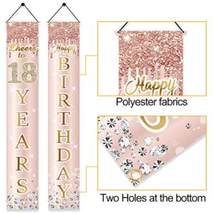 18th Birthday Door Banner Decorations for Girls, Pink Rose Gold Happy Eighteen Birthday Door Porch Backdrop Party Supplies, Happy Birthday Cheers To 18 Years Sign Decor