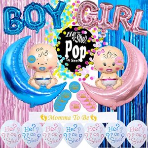 Gender Reveal Decorations, Boy or Girl Gender Reveal Party Supplies Kit Inclouding Gender Reveal Balloon Pink and Blue Confetti Packs for Boy or Girl,Metallic Tinsel Foil Fringe Curtains Photo Backdrop,Team Boy and Team Girl Sticks ,Mommy to Be Sash