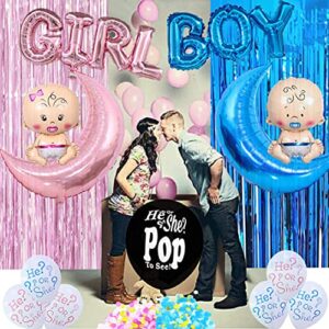 Gender Reveal Decorations, Boy or Girl Gender Reveal Party Supplies Kit Inclouding Gender Reveal Balloon Pink and Blue Confetti Packs for Boy or Girl,Metallic Tinsel Foil Fringe Curtains Photo Backdrop,Team Boy and Team Girl Sticks ,Mommy to Be Sash