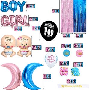 Gender Reveal Decorations, Boy or Girl Gender Reveal Party Supplies Kit Inclouding Gender Reveal Balloon Pink and Blue Confetti Packs for Boy or Girl,Metallic Tinsel Foil Fringe Curtains Photo Backdrop,Team Boy and Team Girl Sticks ,Mommy to Be Sash