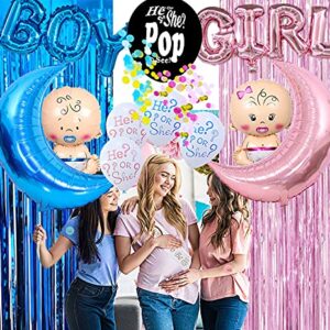 Gender Reveal Decorations, Boy or Girl Gender Reveal Party Supplies Kit Inclouding Gender Reveal Balloon Pink and Blue Confetti Packs for Boy or Girl,Metallic Tinsel Foil Fringe Curtains Photo Backdrop,Team Boy and Team Girl Sticks ,Mommy to Be Sash