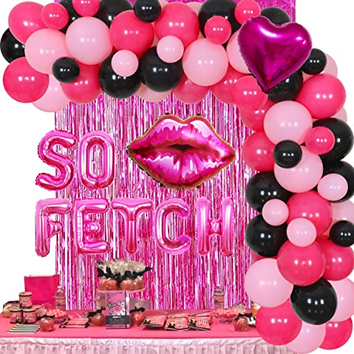 So Fetch Party Decorations - Balloons Garland Arch Kit with Hot Pink Lip Balloon, Heart Foil Balloon, Tinsel Curtain, Girls Birthday Bachelorette Party Supplies