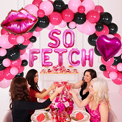 So Fetch Party Decorations - Balloons Garland Arch Kit with Hot Pink Lip Balloon, Heart Foil Balloon, Tinsel Curtain, Girls Birthday Bachelorette Party Supplies