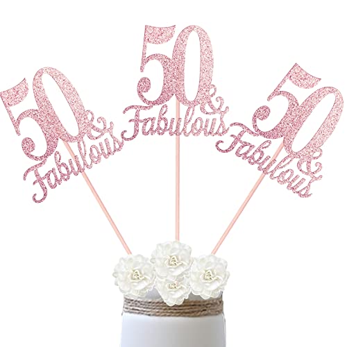 10-Pack Double Sided Rose Gold Fabulous and 50th Birthday Centerpieces for Tables, Number 50 Centerpiece Sticks, 50th Birthday Table Decorations for Women Men (Double Sided Giltter)