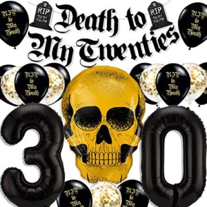 death to my 20s decorations,rip to my 20s 30th birthday decorations for women him with 30 number balloons,death to my twenties banner,black and gold foil balloons
