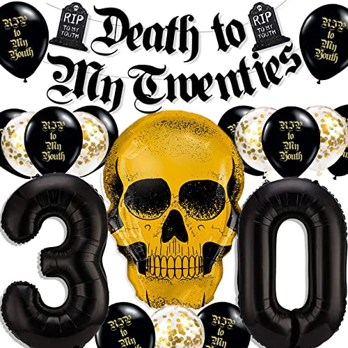 Death To My 20s Decorations,Rip To My 20s 30th Birthday Decorations for Women Him with 30 Number Balloons,Death to My Twenties Banner,Black and Gold Foil Balloons