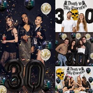 Death To My 20s Decorations,Rip To My 20s 30th Birthday Decorations for Women Him with 30 Number Balloons,Death to My Twenties Banner,Black and Gold Foil Balloons