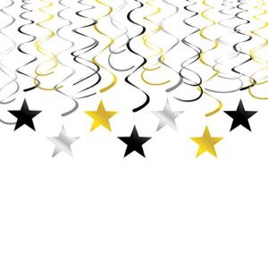 adeer gold silver black star hanging swirl decorations stars streamers foil swirls for ceiling decorations graduation party supplies black and gold party decorations, pack of 30