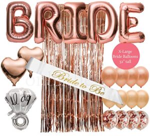 only the joy. bachelorette party decorations kit – rose gold bridal shower decor – xl bride balloon letters, diamond ring balloon, bride sash, foil curtain, peach and confetti balloons + more supplies