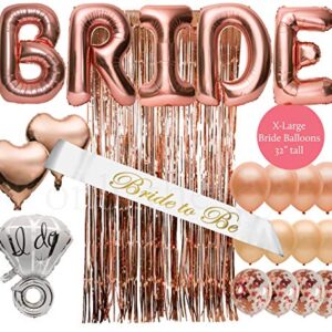 Only the Joy. Bachelorette Party Decorations Kit - Rose Gold Bridal Shower Decor - XL Bride Balloon Letters, Diamond Ring Balloon, Bride Sash, Foil Curtain, Peach and Confetti Balloons + More Supplies