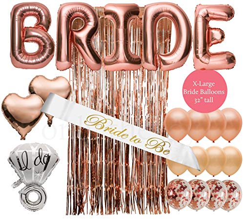 Only the Joy. Bachelorette Party Decorations Kit - Rose Gold Bridal Shower Decor - XL Bride Balloon Letters, Diamond Ring Balloon, Bride Sash, Foil Curtain, Peach and Confetti Balloons + More Supplies