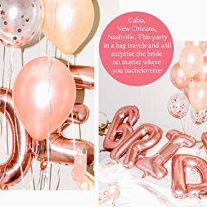 Only the Joy. Bachelorette Party Decorations Kit - Rose Gold Bridal Shower Decor - XL Bride Balloon Letters, Diamond Ring Balloon, Bride Sash, Foil Curtain, Peach and Confetti Balloons + More Supplies