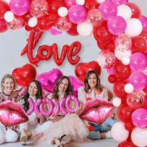 Valentines Day Balloon Garland Kit, 117PCS Red Hot Pink White Balloons with Heart Lips LOVE Foil Balloons for Valentines Day Proposal Engagement Wedding Party Decoration