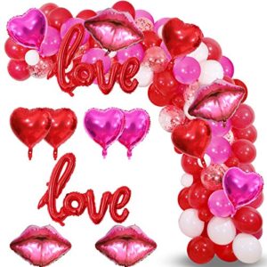 valentines day balloon garland kit, 117pcs red hot pink white balloons with heart lips love foil balloons for valentines day proposal engagement wedding party decoration