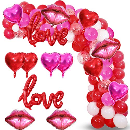 Valentines Day Balloon Garland Kit, 117PCS Red Hot Pink White Balloons with Heart Lips LOVE Foil Balloons for Valentines Day Proposal Engagement Wedding Party Decoration