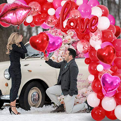 Valentines Day Balloon Garland Kit, 117PCS Red Hot Pink White Balloons with Heart Lips LOVE Foil Balloons for Valentines Day Proposal Engagement Wedding Party Decoration