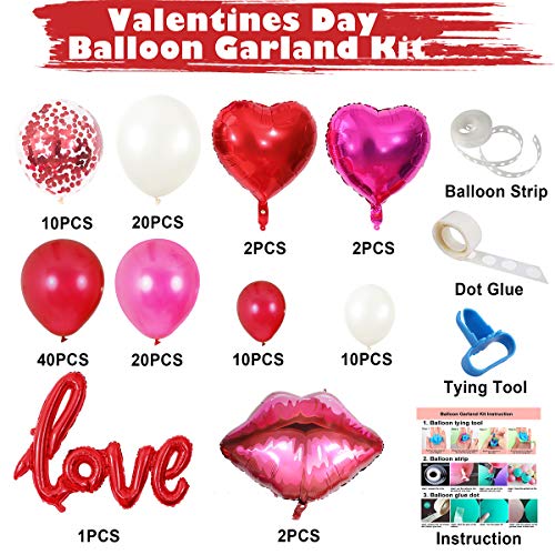 Valentines Day Balloon Garland Kit, 117PCS Red Hot Pink White Balloons with Heart Lips LOVE Foil Balloons for Valentines Day Proposal Engagement Wedding Party Decoration