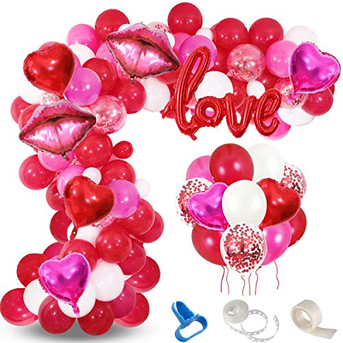 Valentines Day Balloon Garland Kit, 117PCS Red Hot Pink White Balloons with Heart Lips LOVE Foil Balloons for Valentines Day Proposal Engagement Wedding Party Decoration