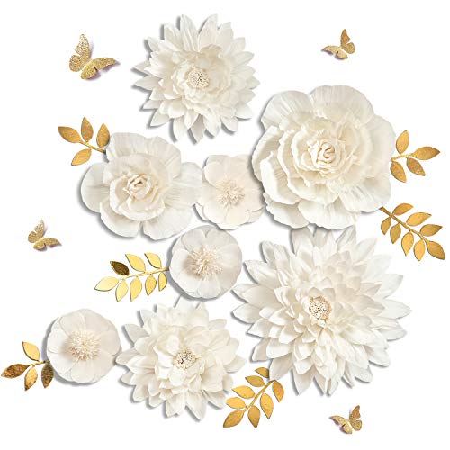 Letjolt White Paper Flowers Handcrafted Dahlia Spring Party Birthday Party Modern Wedding Backdrop Wall Decor Baby Shower Bridal Shower (White 8Pcs)