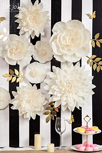 Letjolt White Paper Flowers Handcrafted Dahlia Spring Party Birthday Party Modern Wedding Backdrop Wall Decor Baby Shower Bridal Shower (White 8Pcs)