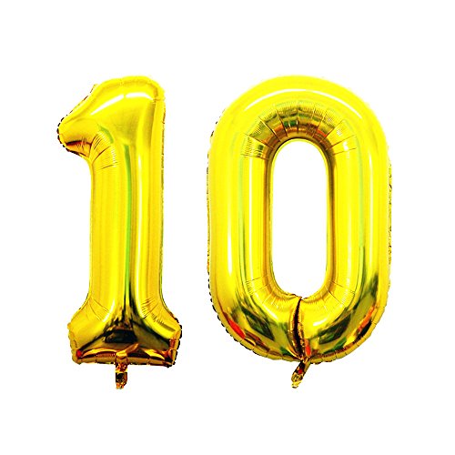 GOER 42 Inch Gold Number 10 Balloon,Jumbo Foil Helium Balloons for 10th Birthday Party Decorations and 10th Anniversary Event