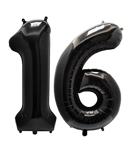 AULE 40 Inch Jumbo Black Foil Mylar Number Balloons for Boy Girl 16th Birthday Party Decorations 16 Years Old Anniversary Party Supplies