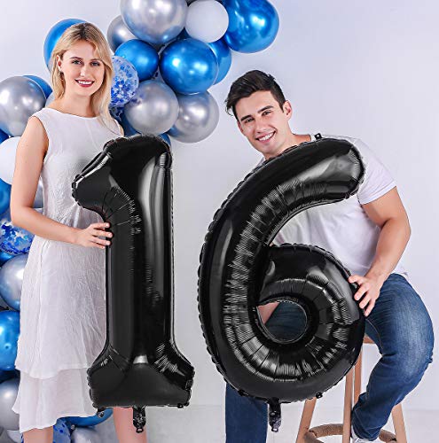 AULE 40 Inch Jumbo Black Foil Mylar Number Balloons for Boy Girl 16th Birthday Party Decorations 16 Years Old Anniversary Party Supplies