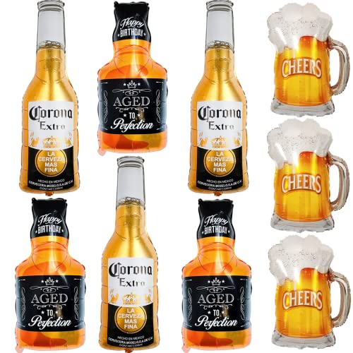 9pcs Giant Corona Whisky Beer Mug Mylar Helium Balloons, Beer Themed Birthday Party Decoration Supply (Golden)