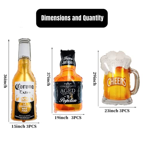 9pcs Giant Corona Whisky Beer Mug Mylar Helium Balloons, Beer Themed Birthday Party Decoration Supply (Golden)